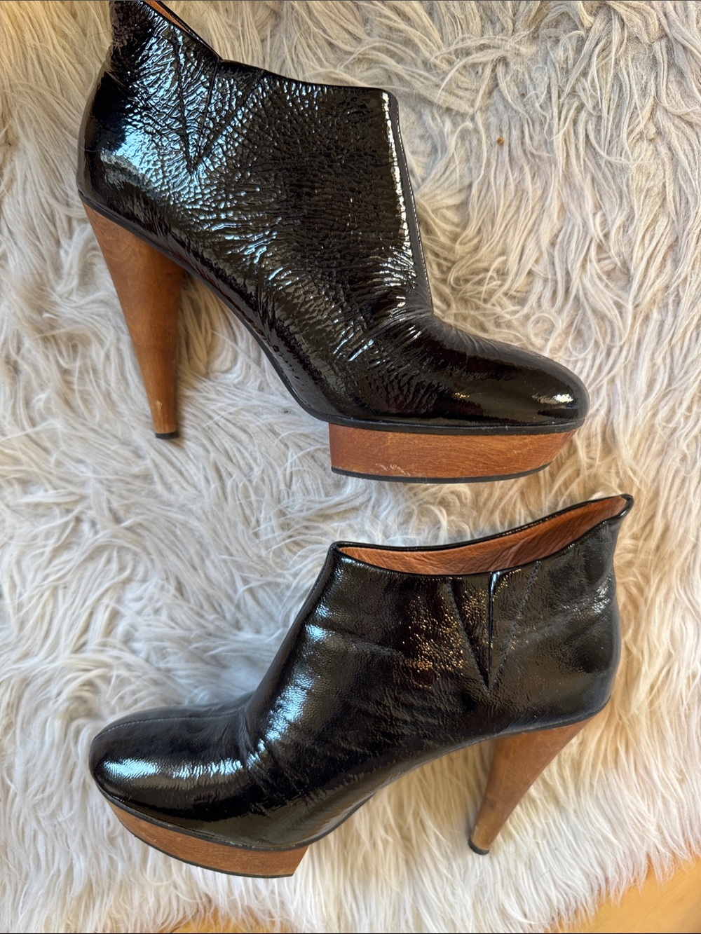 Baci Patent Leather Platform Ankle Booties with Wood Heel - Black